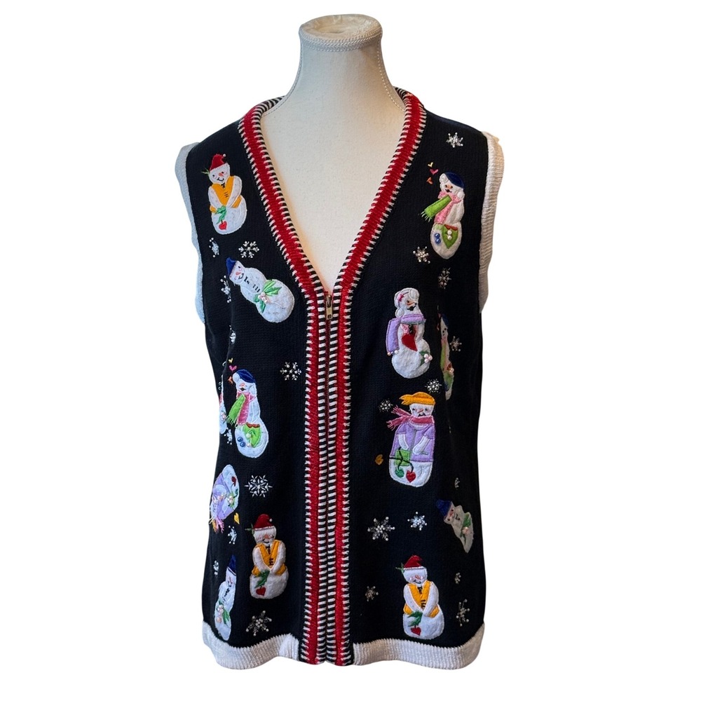 Lisa International Snowman Beaded Christmas Sweater Vest Black Red Size L